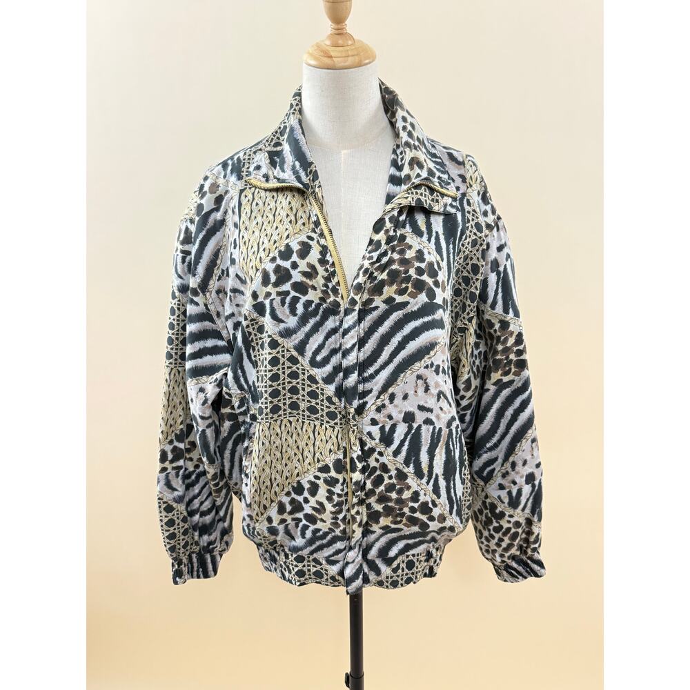 Vintage 100% Silk Fuda International Multi-Print Bomber Jacket, Size M